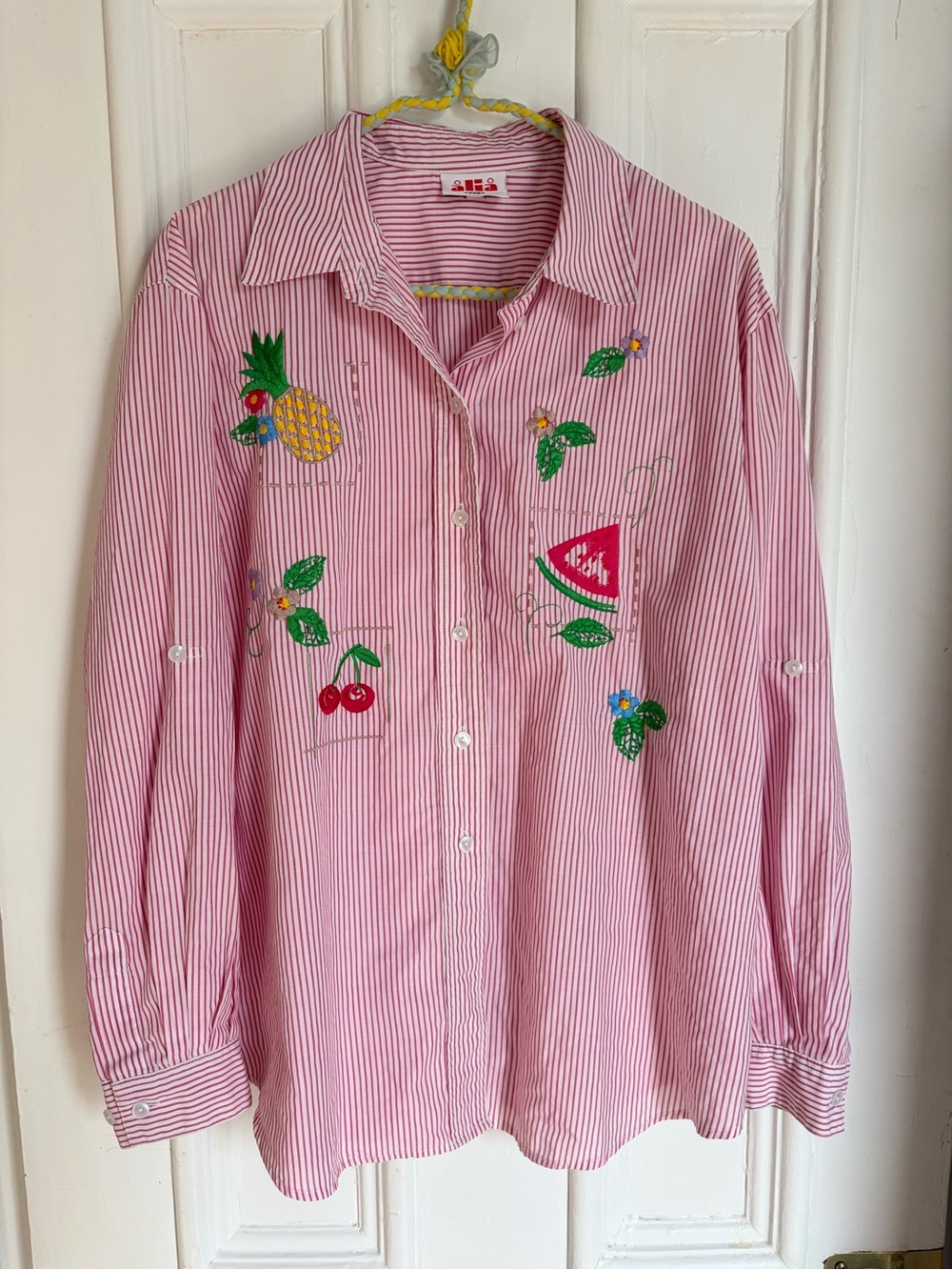 Alia Pink & White Striped Button-Down Shirt with Fruit Embroidery